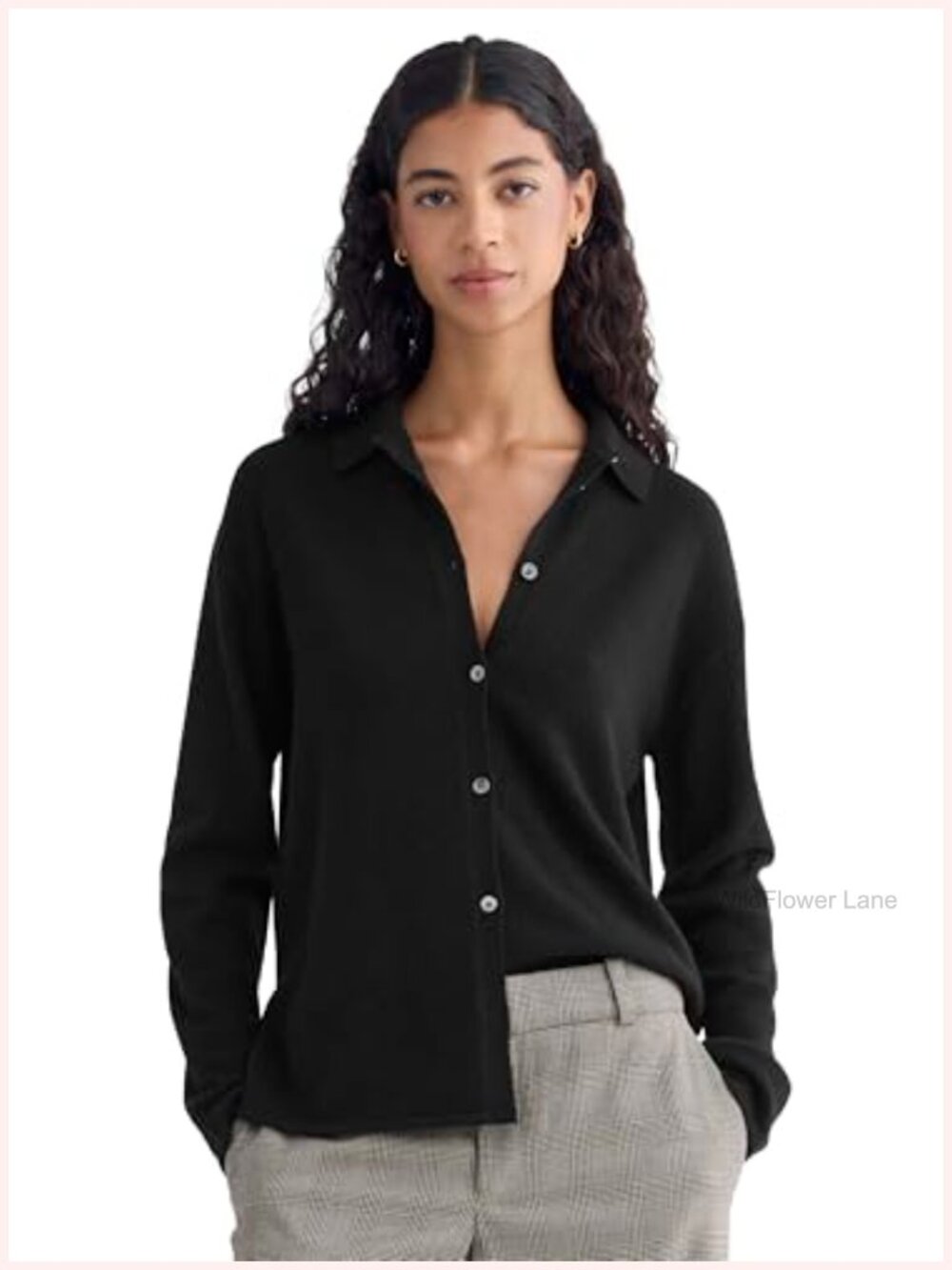 Cashmere Button-Up Shirt Point Collar Oversized Long Sleeve Blouse